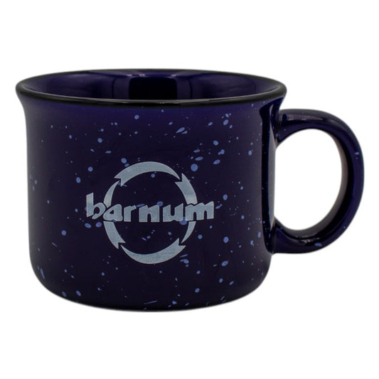 Navy blue ceramic mug with white 'barnum' logo and white speckled design. 