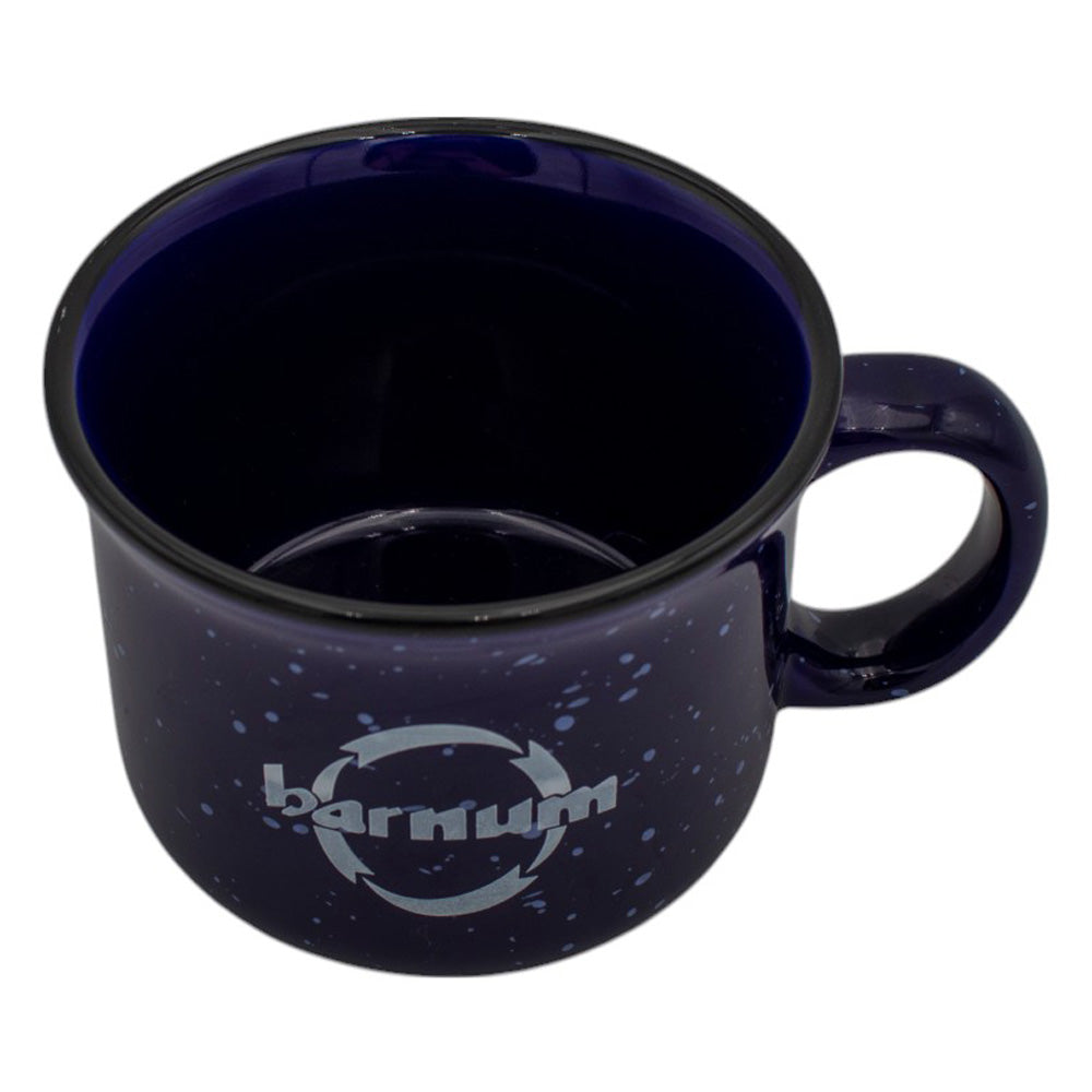 Navy blue mug with 'Barnum' logo on front and empty inside. 