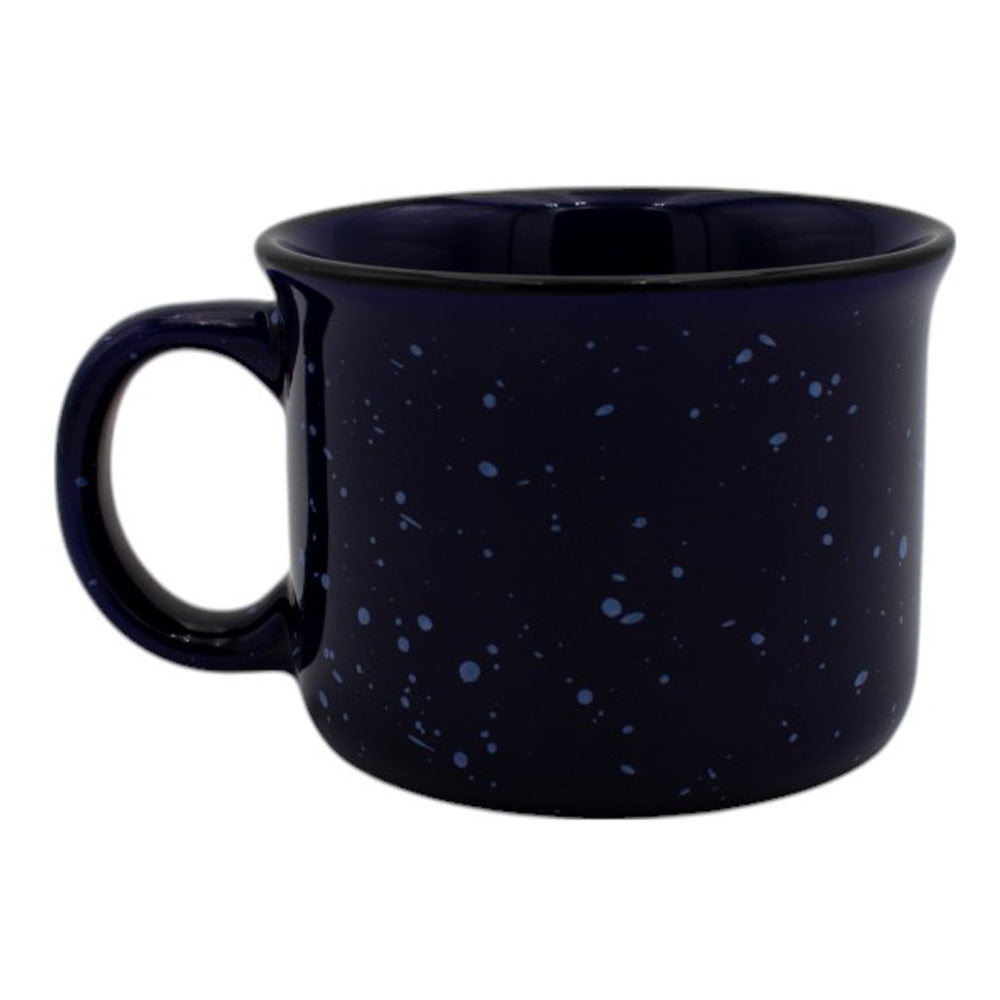 Navy speckled mug with a small handle and flared top edge. 