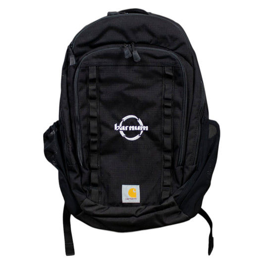 Black backpack with the Carhartt logo and Barnum logo on the front. 