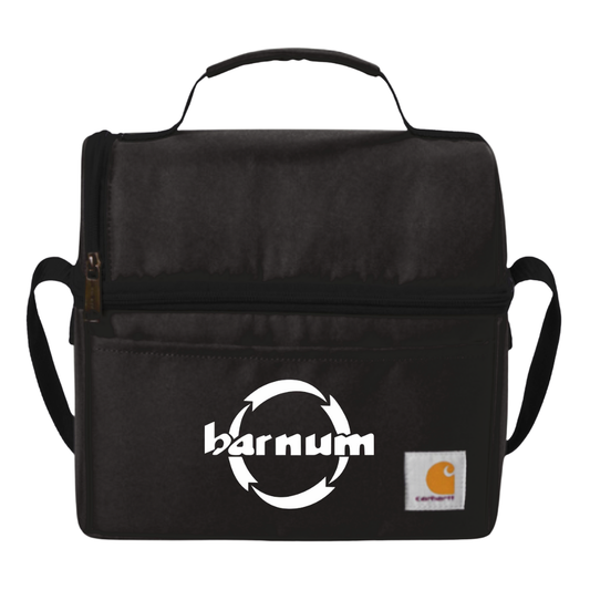Black zippered cooler bag with a white 'barnum' logo on the front.