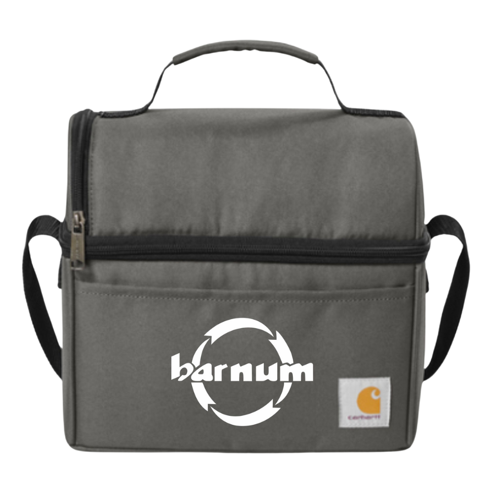 Gray zippered cooler bag with a white 'barnum' logo on the front.