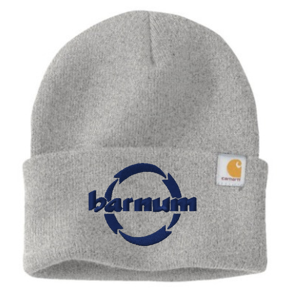 Gray beanie with a 'barnum' logo and Carhartt label on the cuff.