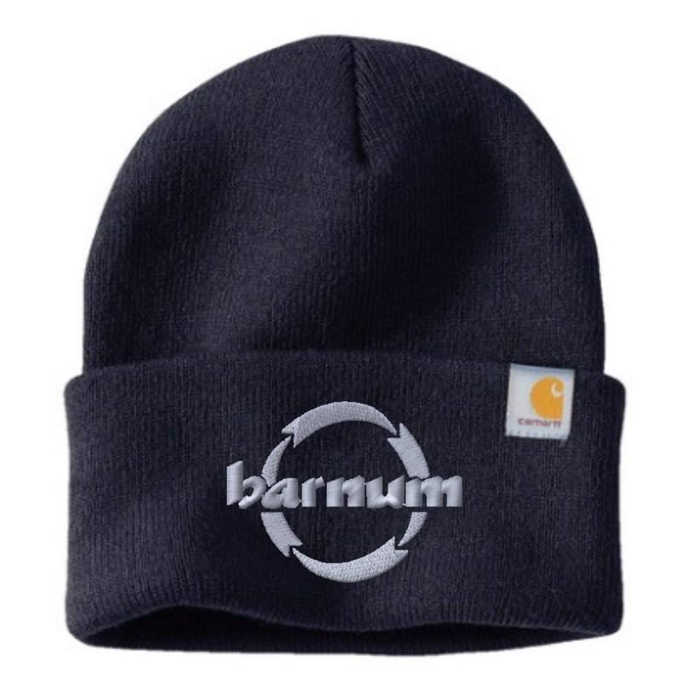 Navy beanie with a 'barnum' logo and Carhartt label on the cuff.