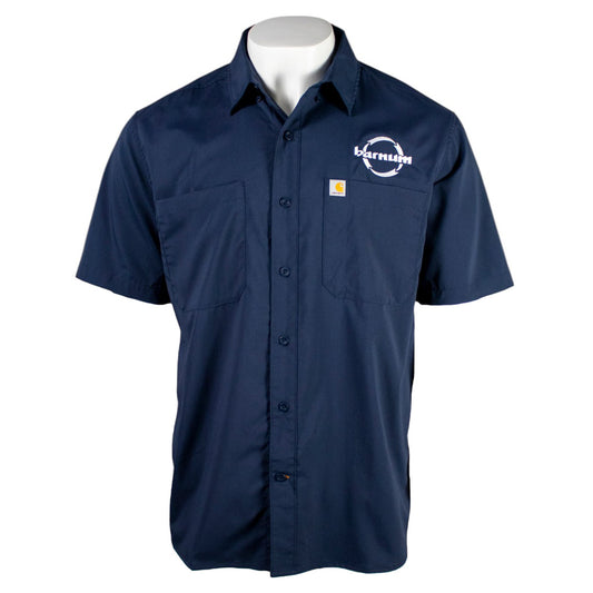 Navy blue work shirt with white HH Barnum logo on chest. 