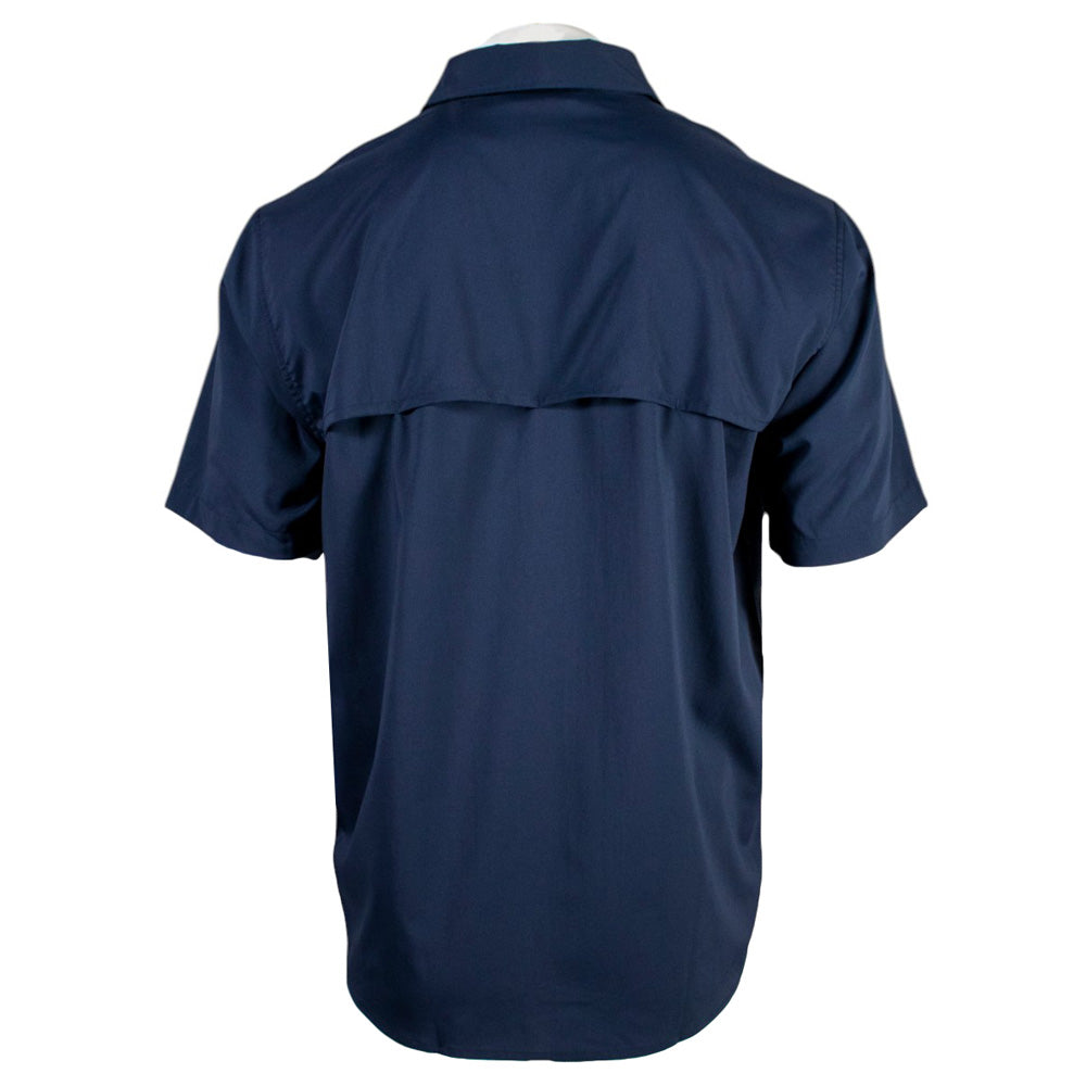back of navy blue short-sleeve work shirt.