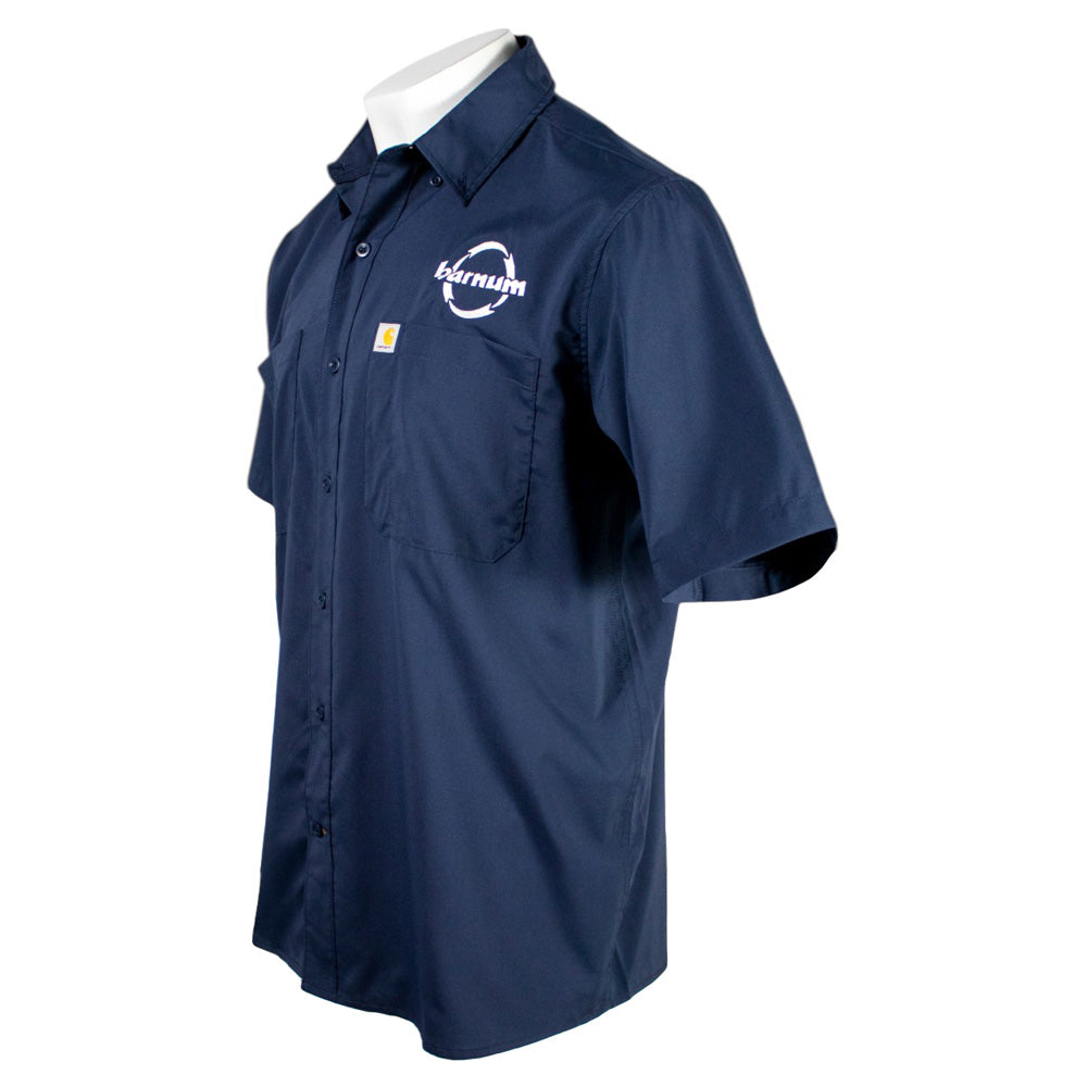 Navy blue button up shirt with a white HH Barnum logo on the left chest. 