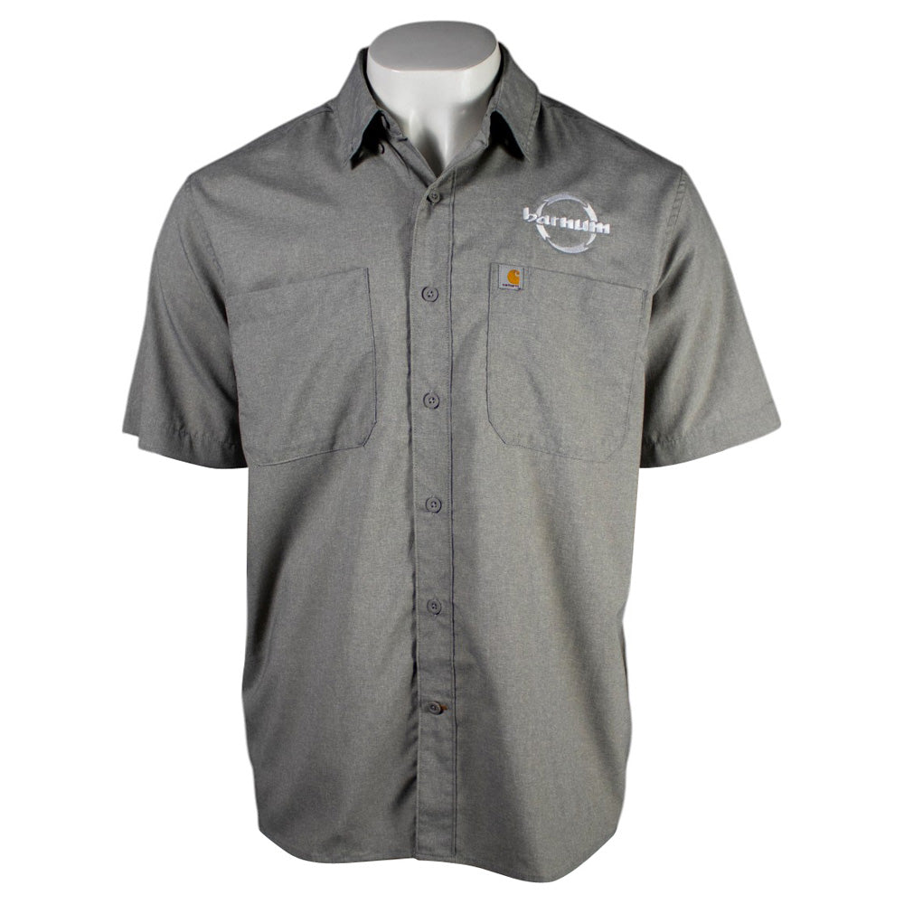 Gray short-sleeve button-up shirt with an HH Barnum logo on the chest.