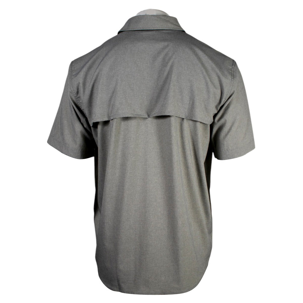 Back of gray short-sleeve work shirt.