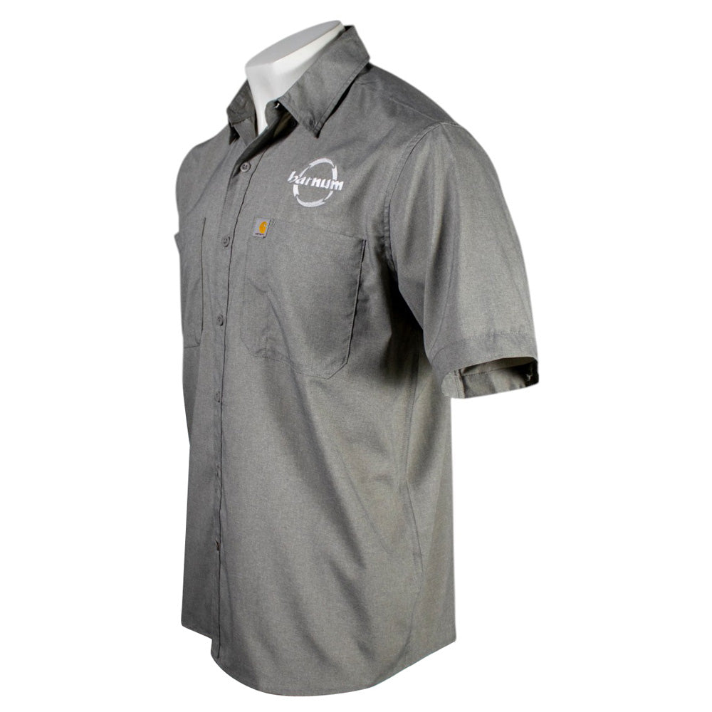 Gray short-sleeve work shirt with an HH barnum logo on the left chest. 