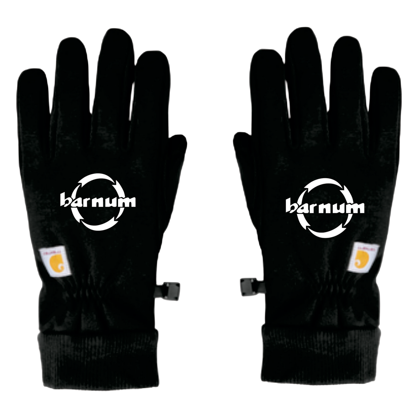 Black gloves with a white Barnum logo on the backs of the hand. 