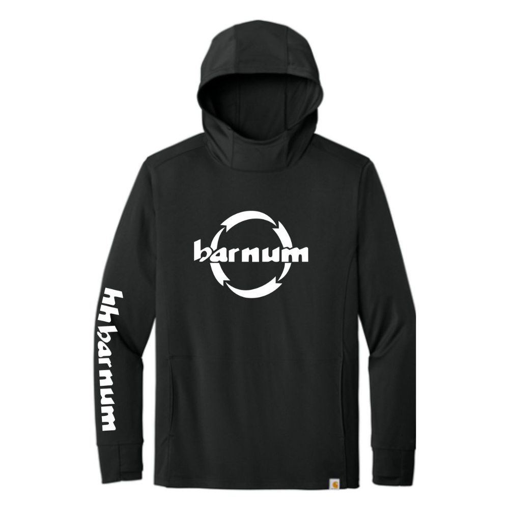 Black hooded long sleeve with 'barnum' logo on the front and down the right sleeve.