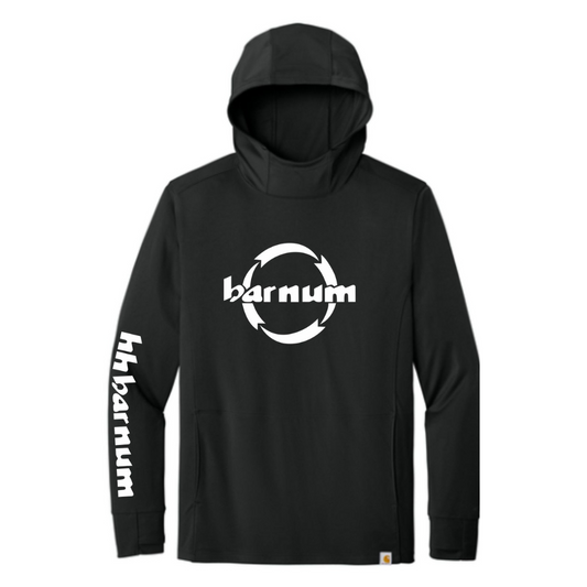Black hooded long sleeve with 'barnum' logo on the front and down the right sleeve.