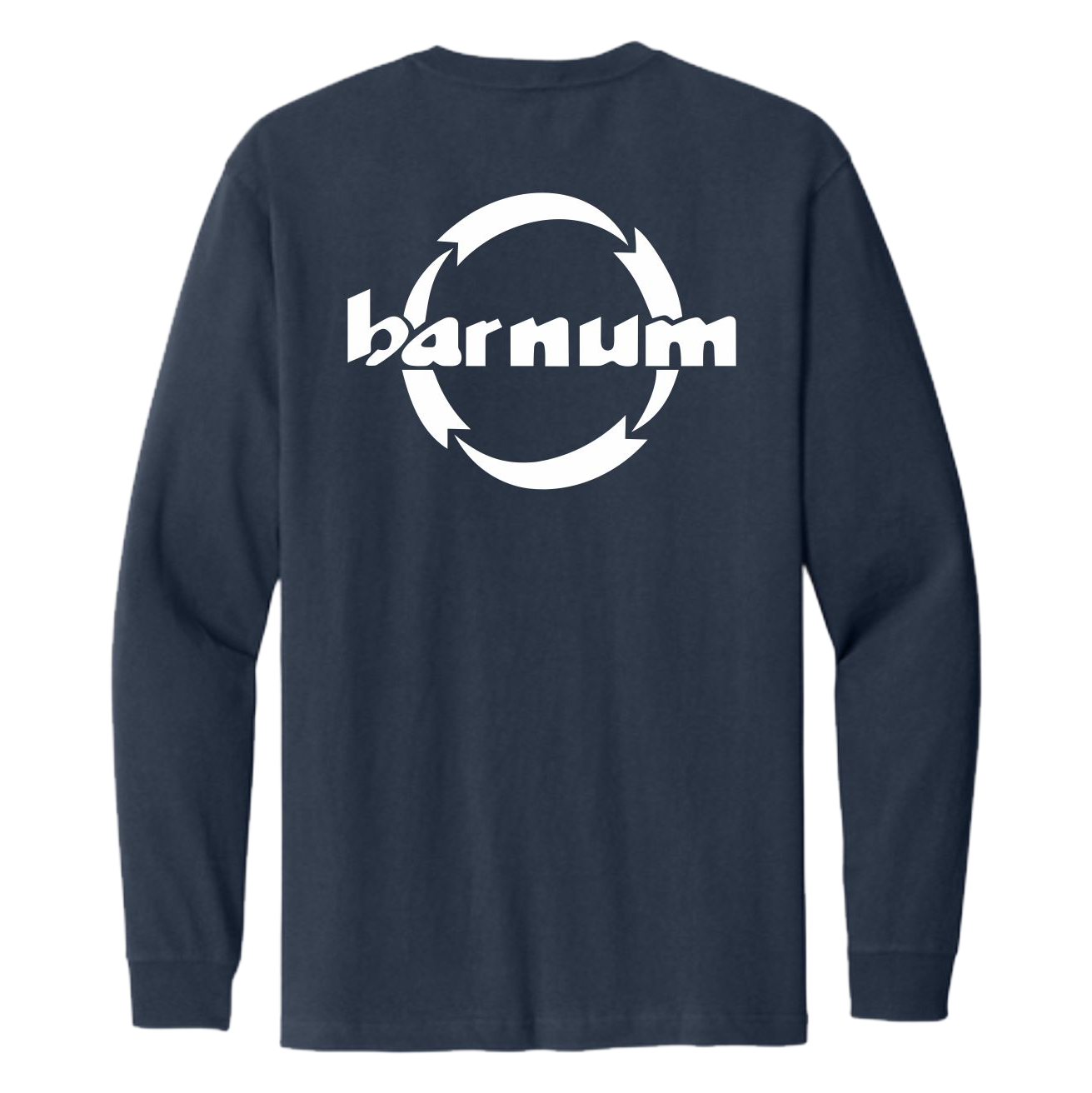 Navy long-sleeve shirt with 'barnum' logo on the back against a white background