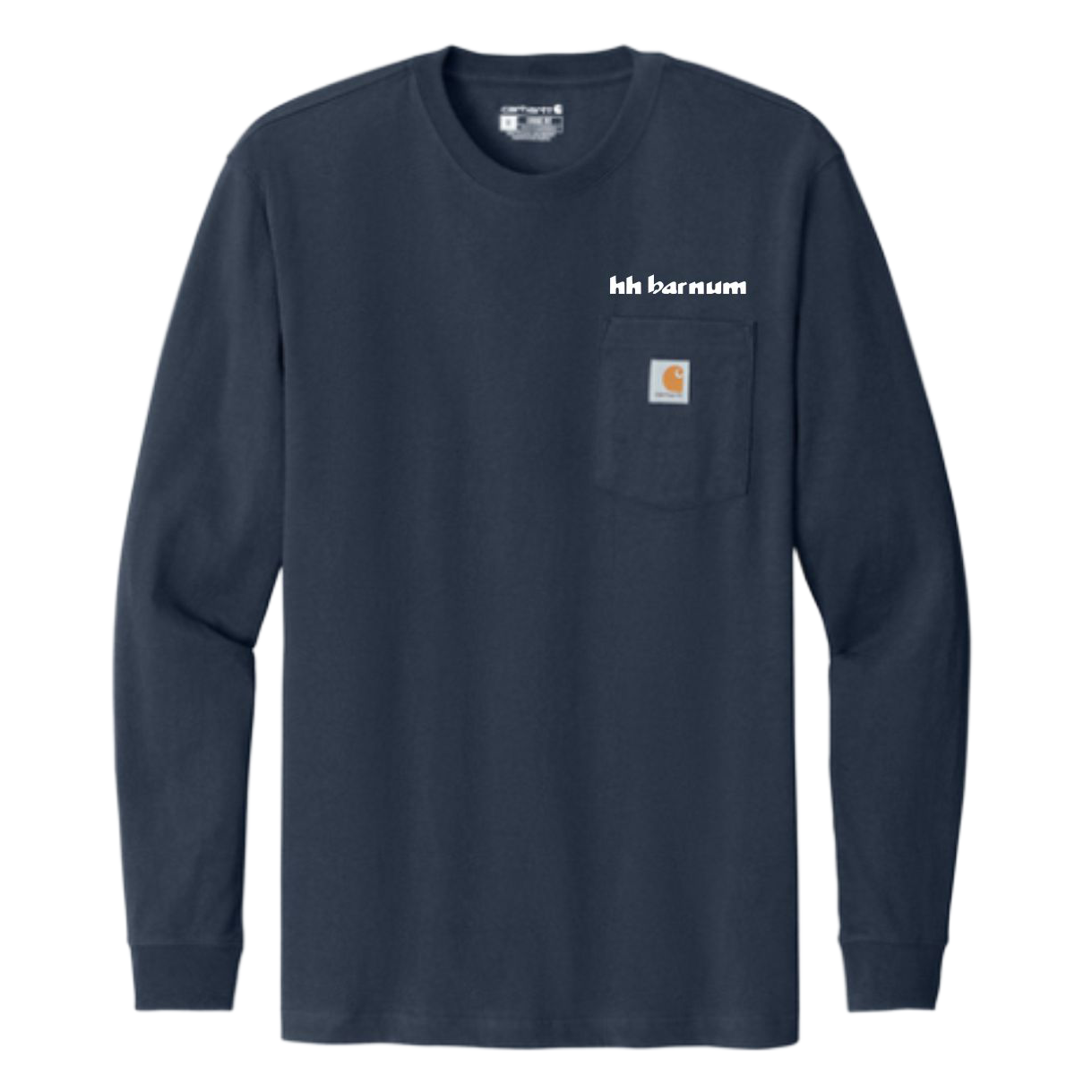 Navy long-sleeve shirt with a white barnum logo on the left chest above the pocket.