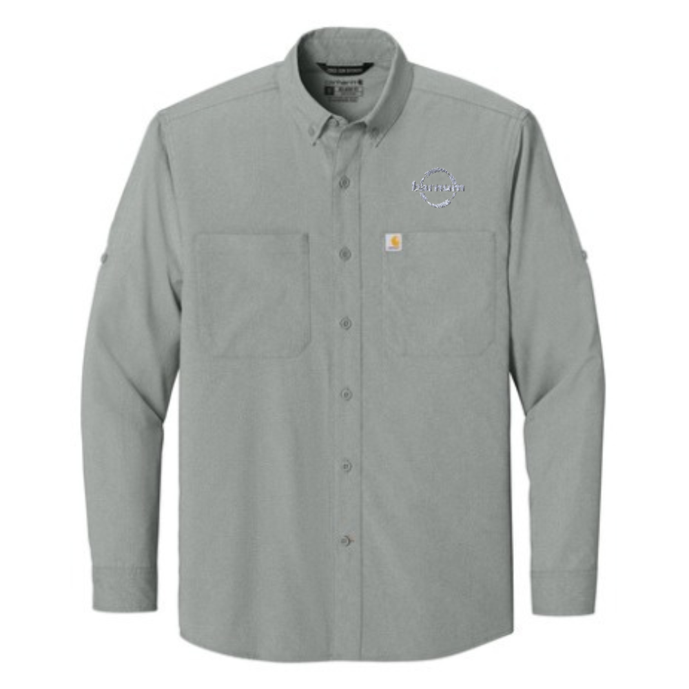 Gray button-up shirt with a barnum logo on the left chest.