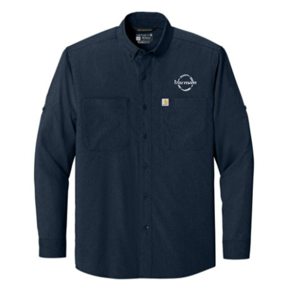 Navy button-up shirt with a barnum logo on the left chest.