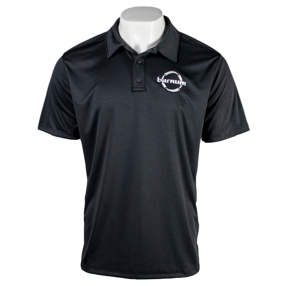 Black polo shirt with a white HH Barnum logo on the left chest. 