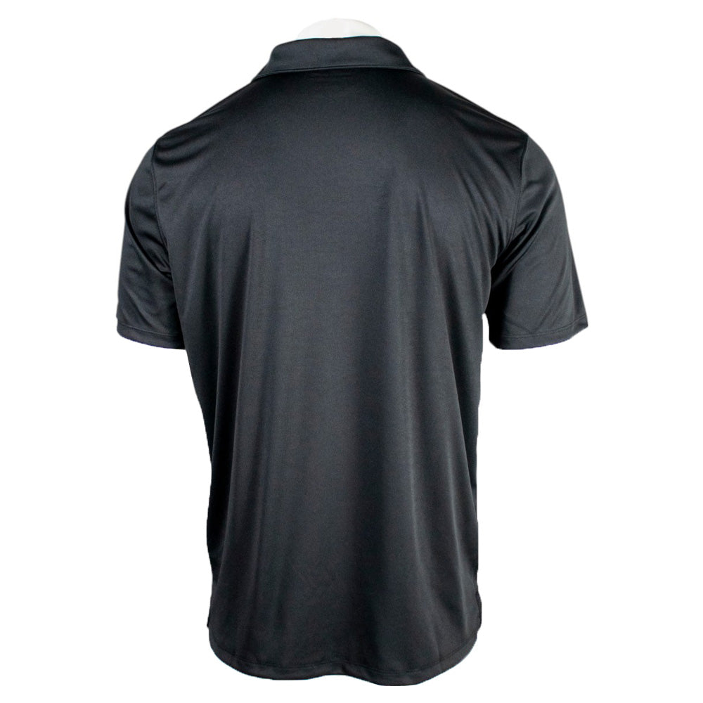 Back of black polo shirt.