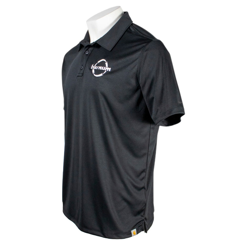 Black polo shirt with a white Barnum logo on the chest. 