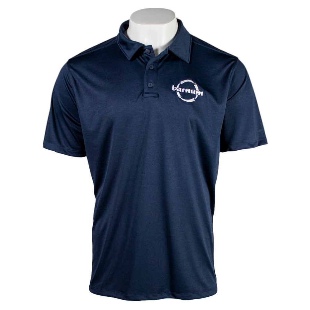 Navy blue polo shirt with an HH Barnum logo on the left chest. 