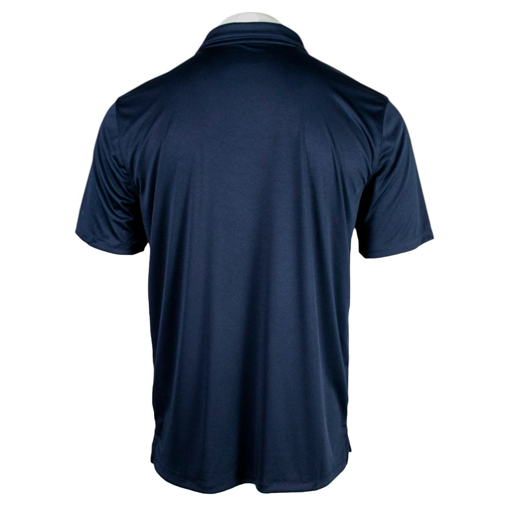 Back of a navy-blue polo shirt.