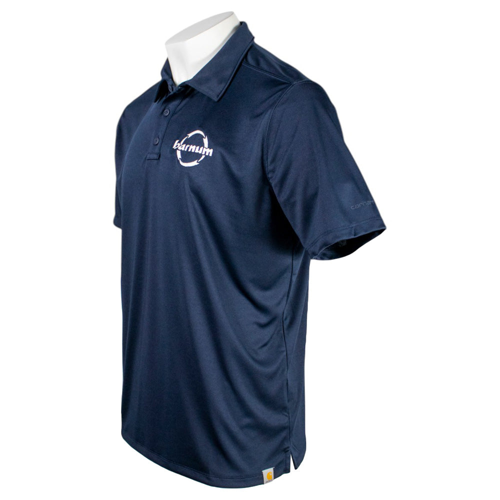 Side of a navy blue polo shirt with a white Barnum logo on the chest.