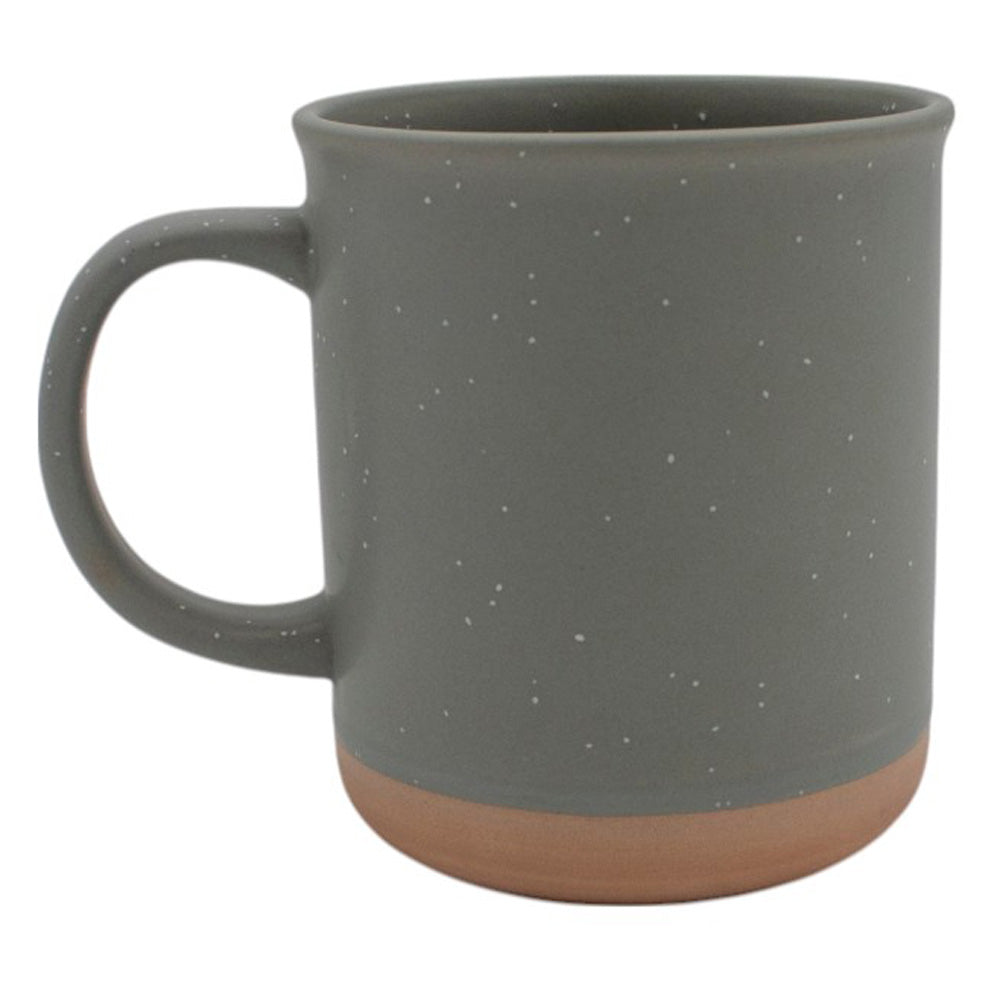 Gray ceramic mug with white speckled pattern and a tan bottom.