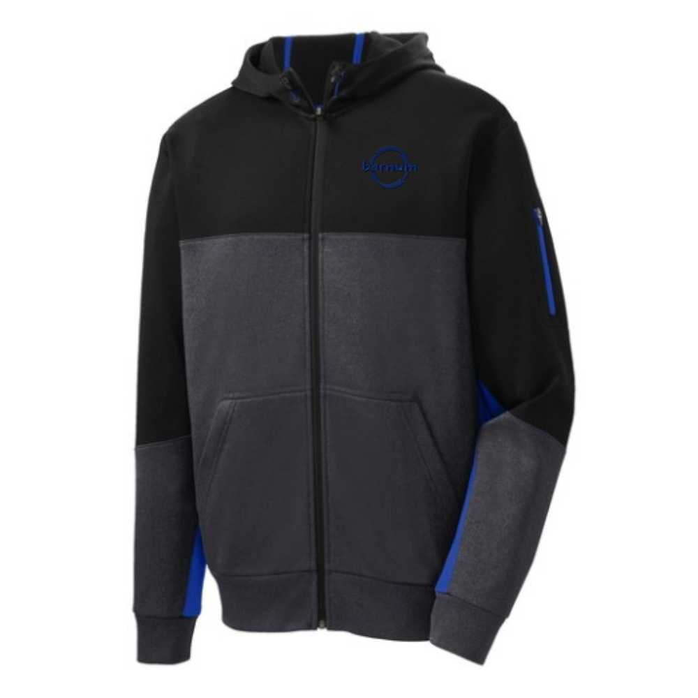 Black and gray hoodie with blue accents on the hood and sleeves, featuring a blue barnum logo on the left chest. 