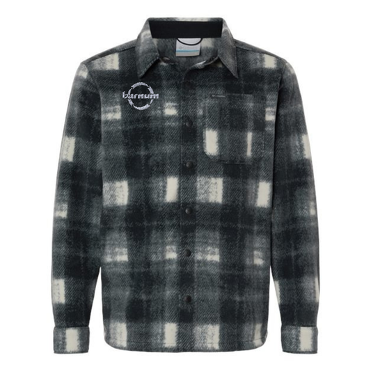 Black and white plaid shirt jacket with a barnum logo on the right chest. 