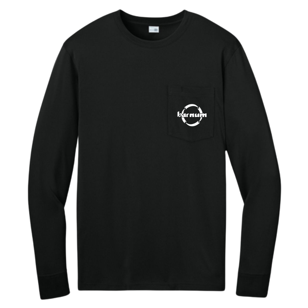 Black long-sleeve shirt with a white barnum logo on the chest pocket.
