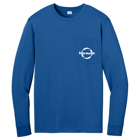 Blue long-sleeve shirt with a white barnum logo on the chest pocket.