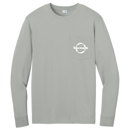 Gray long-sleeve shirt with a white barnum logo on the chest pocket.