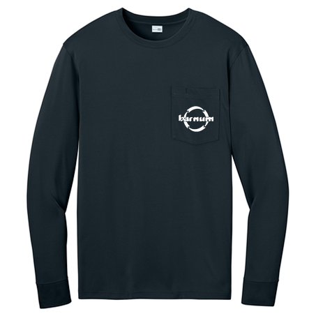 Navy long-sleeve shirt with a white barnum logo on the chest pocket.