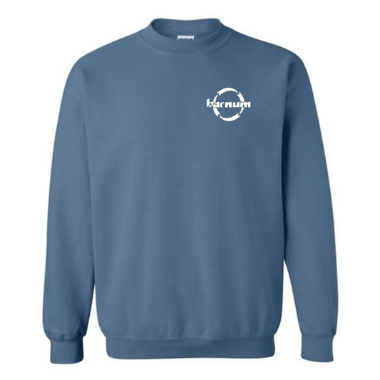Blue sweatshirt with a white barnum logo on the left chest. 