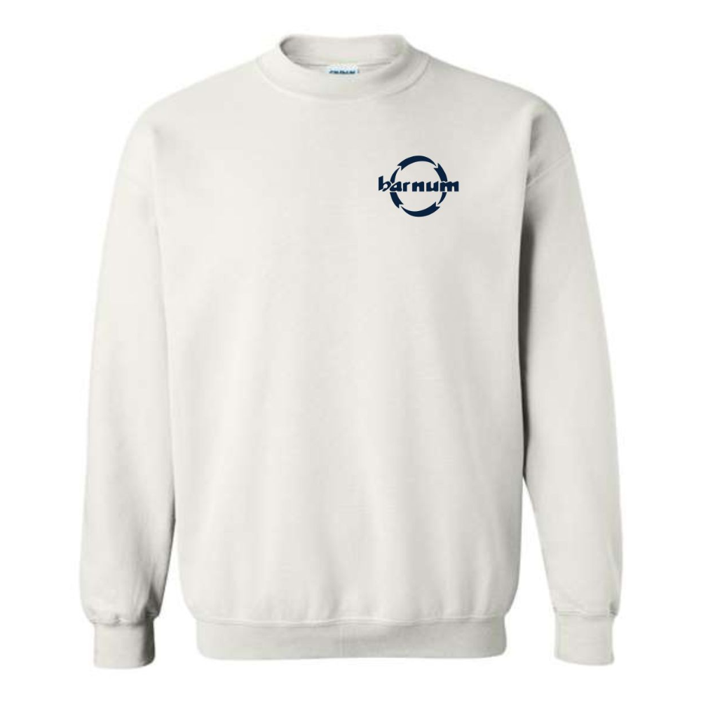 White sweatshirt with a blue barnum logo on the left chest. 