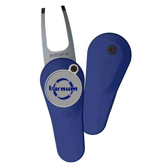 Blue golf divot tool with Barnum logo on it.