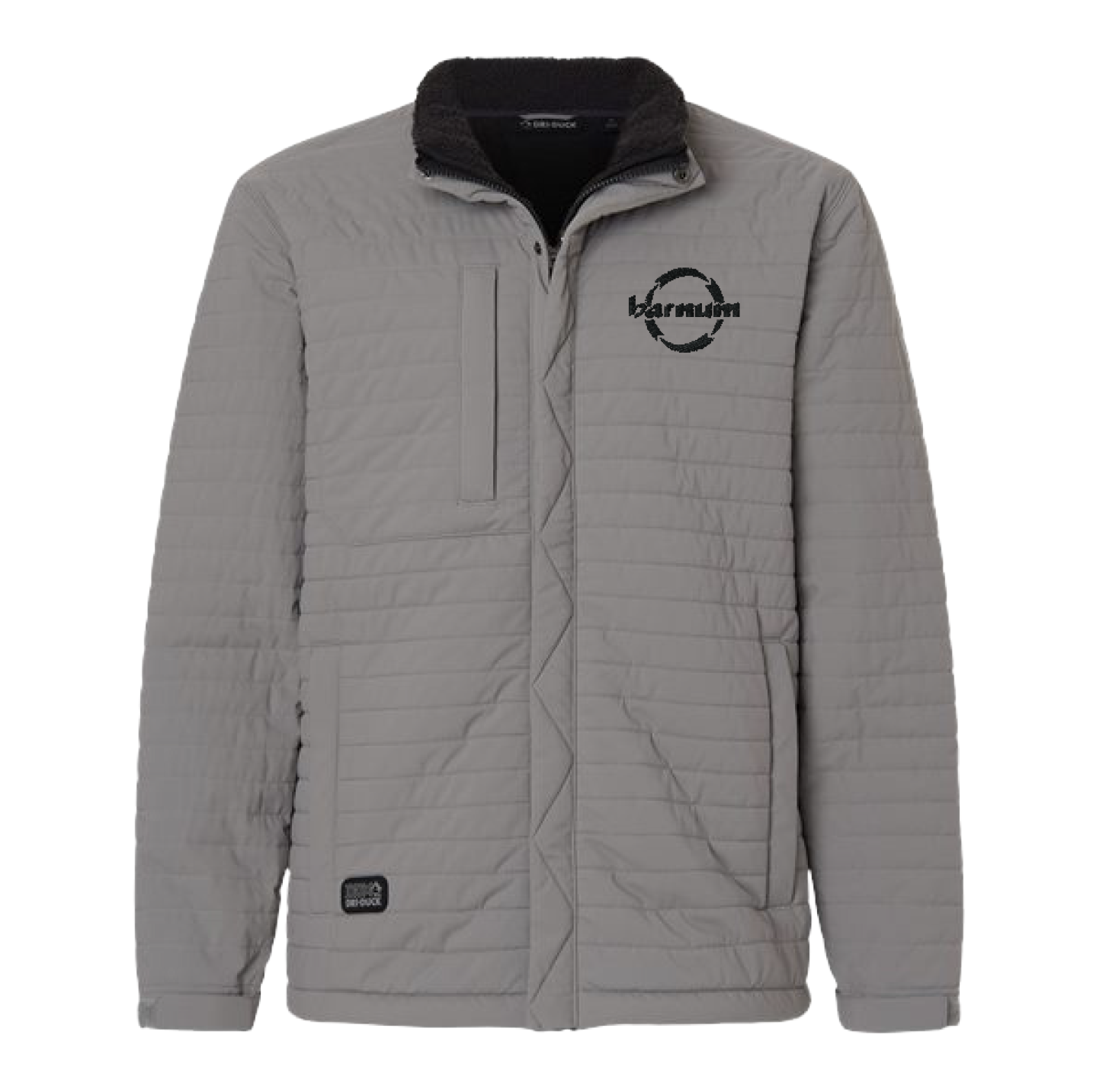 Grey puffer jacket with a black collar and black barnum logo on the left chest.