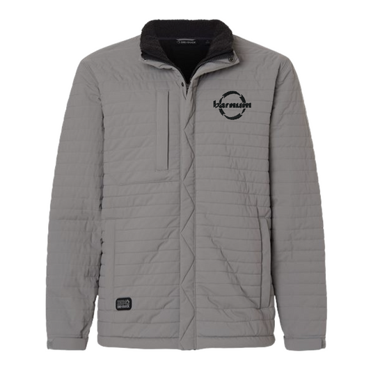Grey puffer jacket with a black collar and black barnum logo on the left chest.