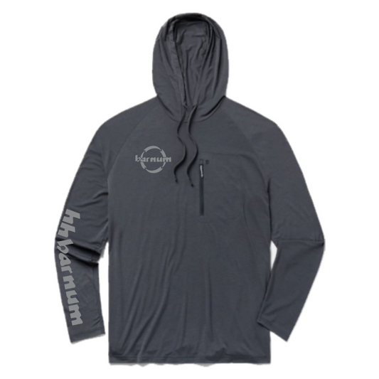 Dark gray hoodie with grey barnum logo on the chest and sleeve.