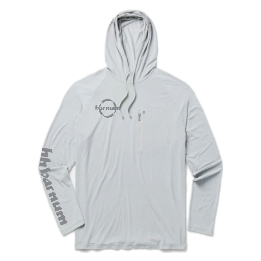 Light gray hooded long sleeve with grey barnum  logo on the right chest and sleeve. 