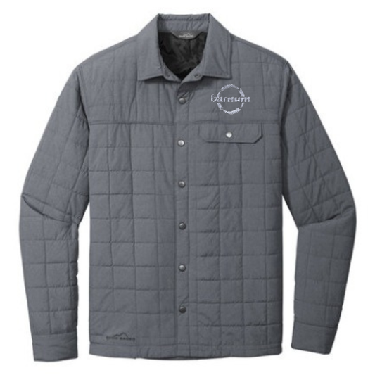 Gray quilted jacket with button details and a white barnum logo on the left chest. 