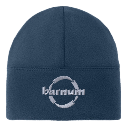 Navy blue fleece beanie with a gray 'barnum' logo sewn above the edge.