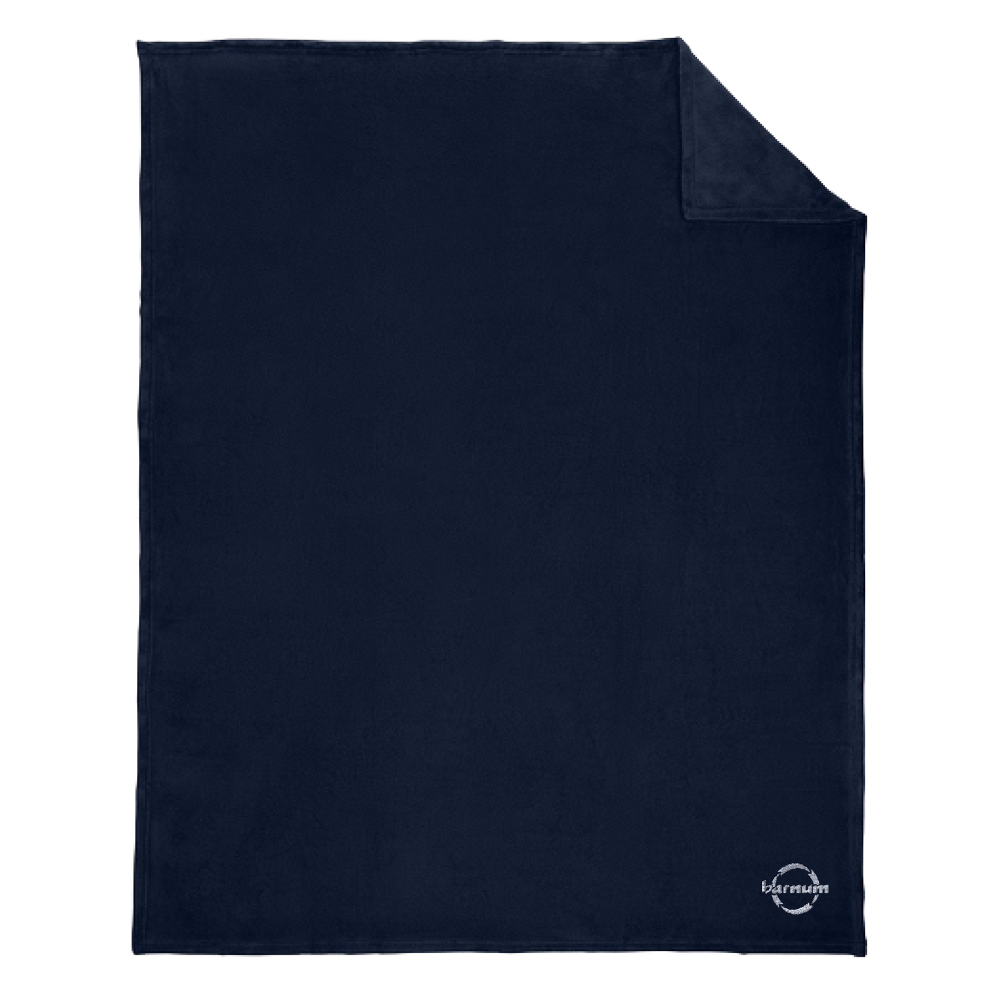 Dark navy quilted blanket with a brand logo on the corner.