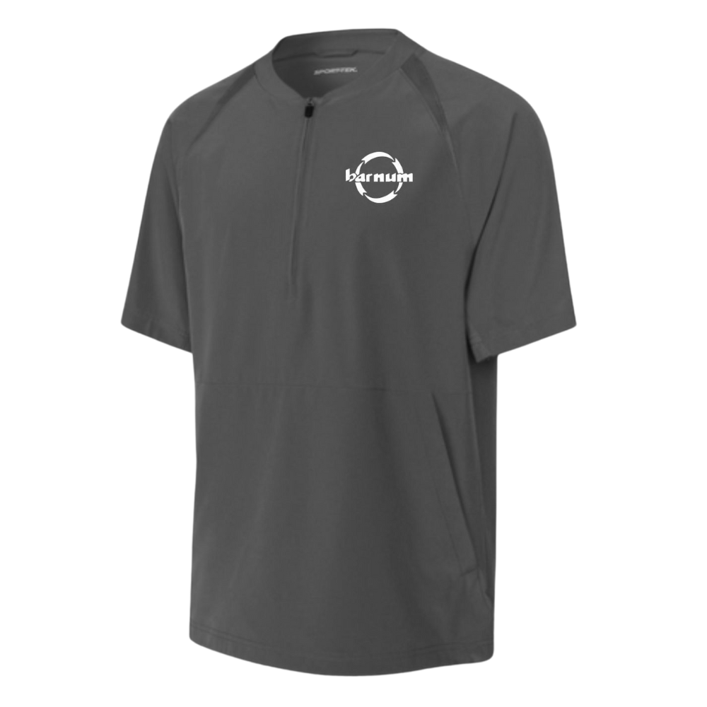Gray athletic half-zip shirt with a white barnum logo on the left chest. 