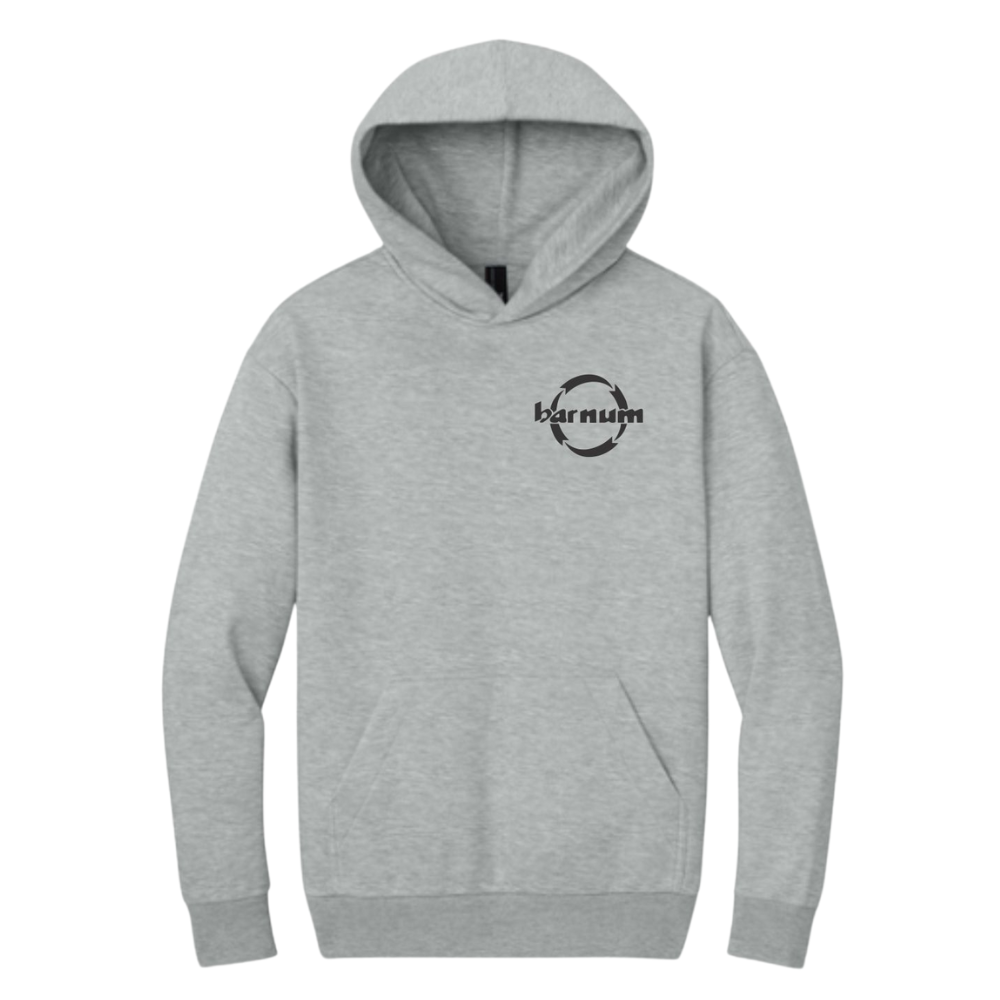 Gray hoodie with a black barnum logo on the chest.