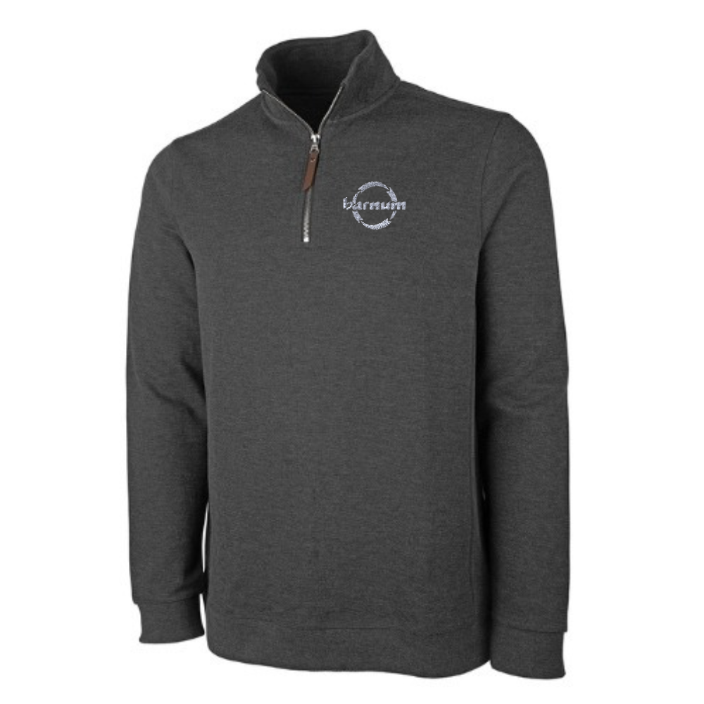 Dark grey quarter-zip long sleeve with a barnum logo on the left chest. 