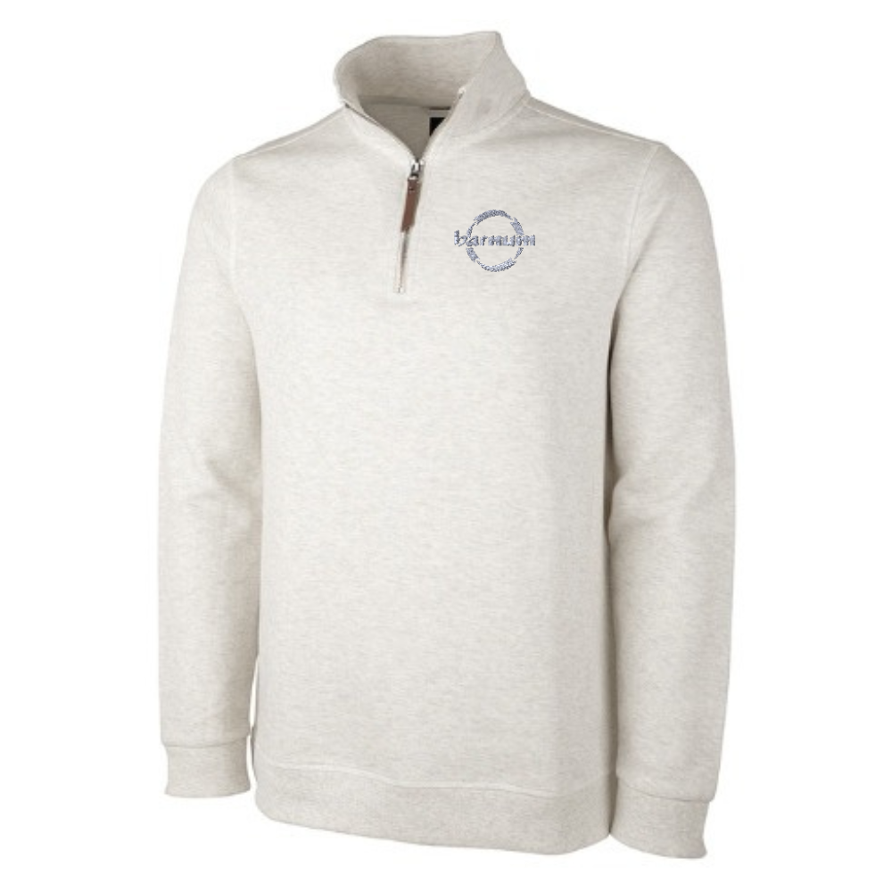 Cream colored quarter-zip long sleeve with a barnum logo on the left chest. 
