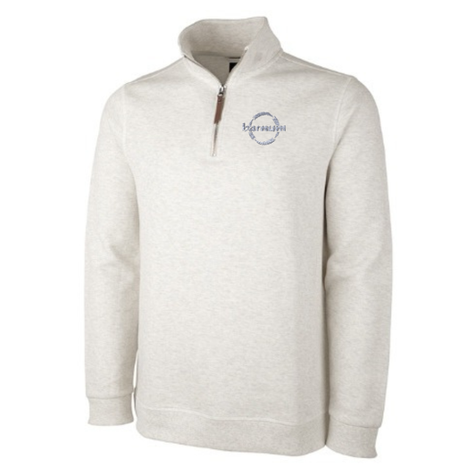 Cream colored quarter-zip long sleeve with a barnum logo on the left chest. 