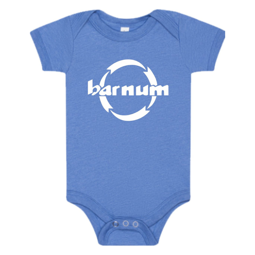 Front of blue baby onesie with 'barnum' logo.
